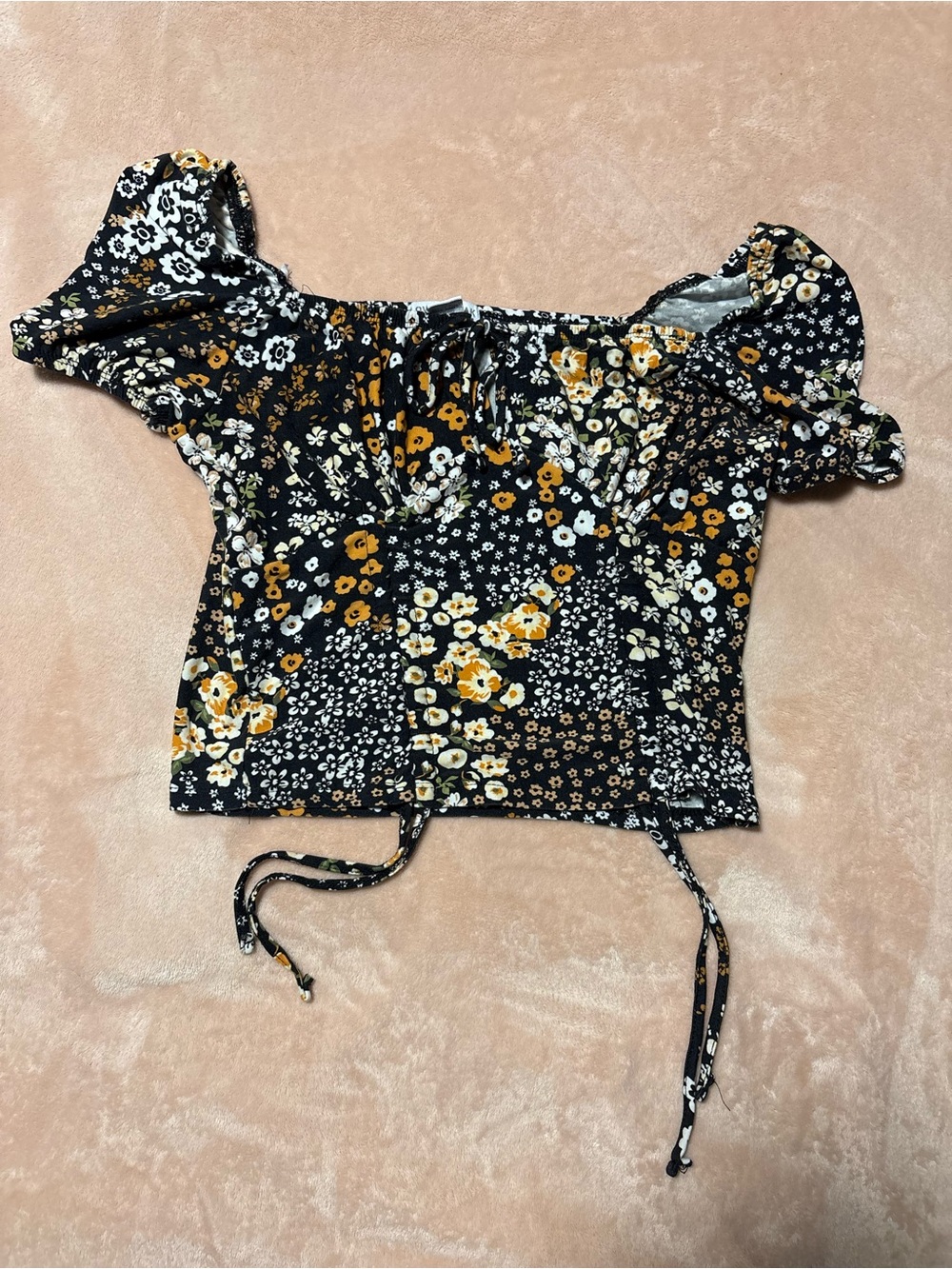 Black Floral Off-Shoulder Drawstring Crop Top